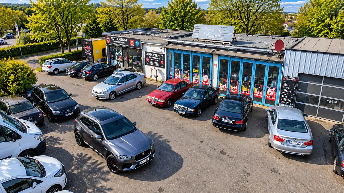 Überblick über den Werkstatthof und das Gebäude von Autodienst Schwanheim